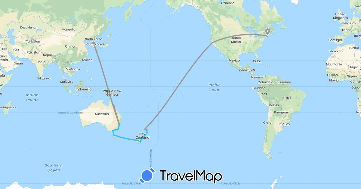 TravelMap itinerary: driving, plane, boat in Australia, South Korea, New Zealand, United States (Asia, North America, Oceania)