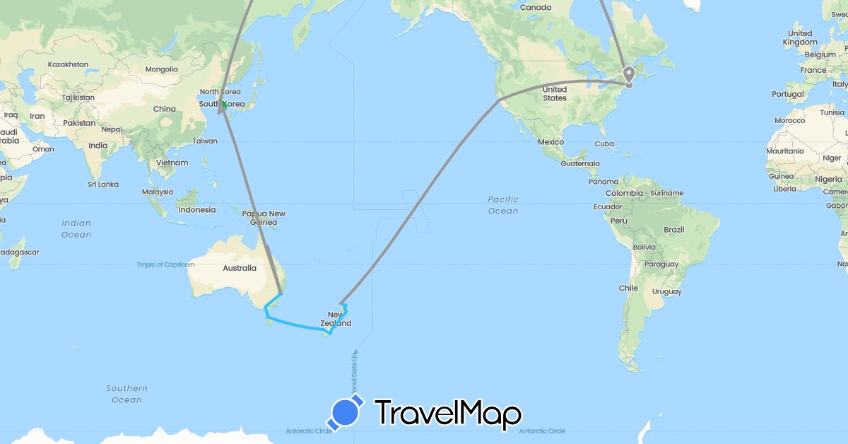 TravelMap itinerary: driving, bus, plane, boat in Australia, South Korea, New Zealand, United States (Asia, North America, Oceania)